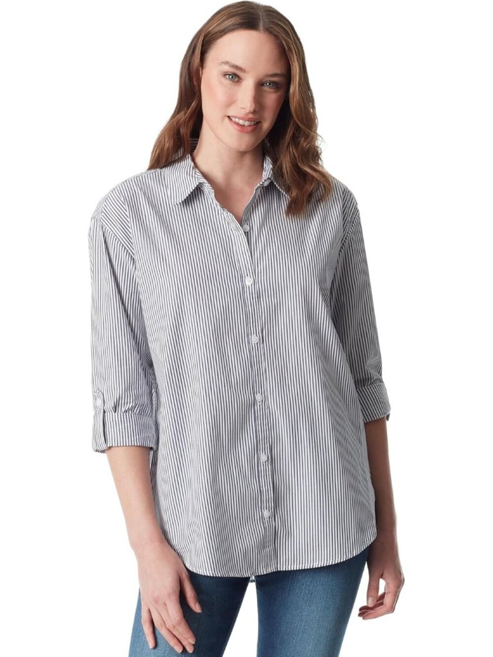 Gloria Vanderbilt Button-Down Shirt Size Large Black White 100% Cotton Striped